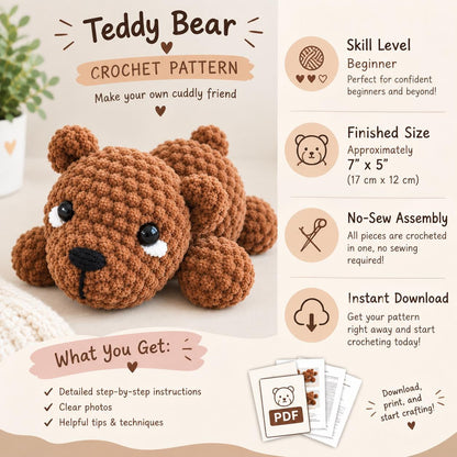Teddy Bear Crochet Pattern – No-Sew Amigurumi (PDF Download)