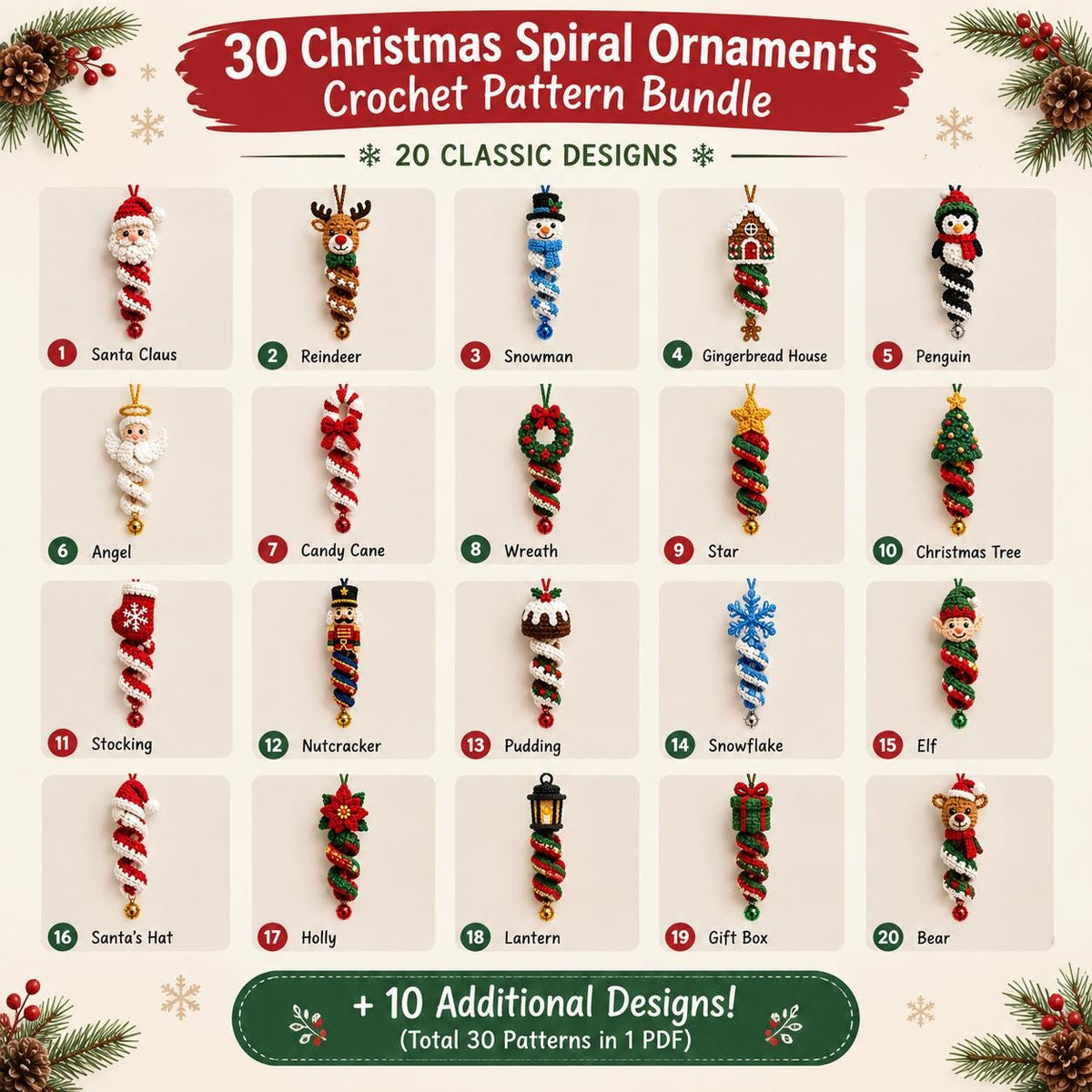 Christmas Crochet Pattern Bundle 30 in 1 PDF, Santa Snowman Reindeer Elf Penguin Wind Spinner Spiral Ornaments, Amigurumi Holiday Decor