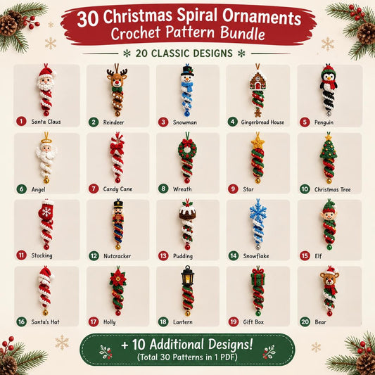 Christmas Crochet Pattern Bundle 30 in 1 PDF, Santa Snowman Reindeer Elf Penguin Wind Spinner Spiral Ornaments, Amigurumi Holiday Decor