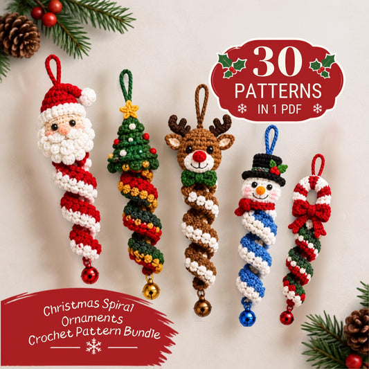 Christmas Crochet Pattern Bundle 30 in 1 PDF, Santa Snowman Reindeer Elf Penguin Wind Spinner Spiral Ornaments, Amigurumi Holiday Decor