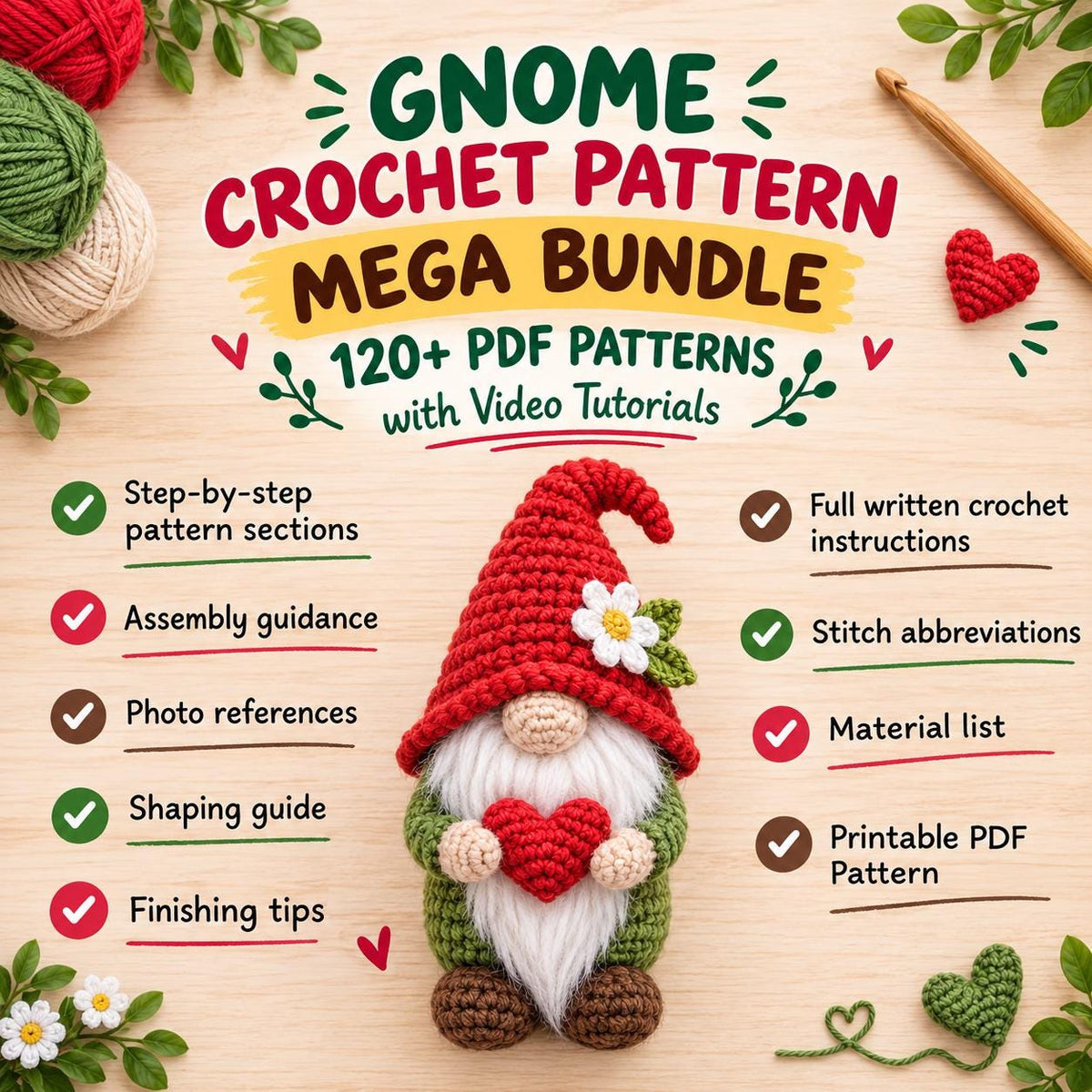 Gnome Crochet Pattern Mega Bundle, + 120 PDF Patterns with Video Tutorials (Digital Download)