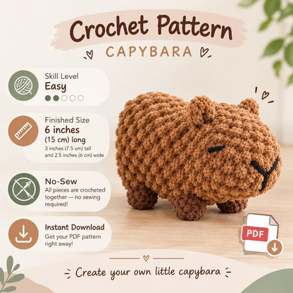 Capybara Crochet Pattern - Mini Amigurumi PDF Pattern, Quick Beginner-Friendly No-Sew Plushie, Instant Digital Download